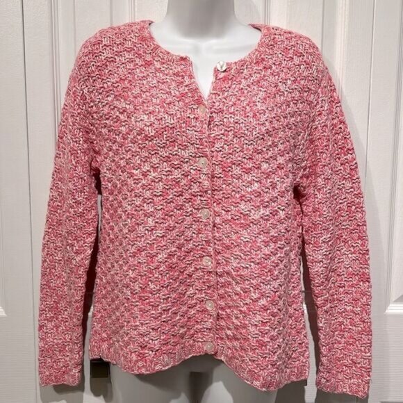 Talbots Pink White Hand Knit Cotton Cardigan Sweater Size M - Picture 1 of 10